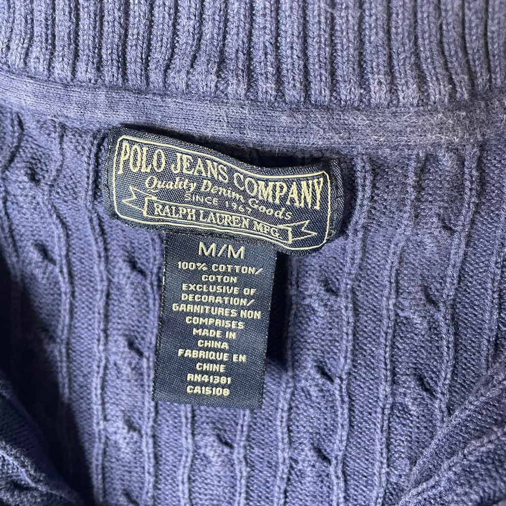 Polo Jeans Company Ralph Lauren Cable Knit Quarter Zip Sweater Navy Blue M M - Picture 2 of 6